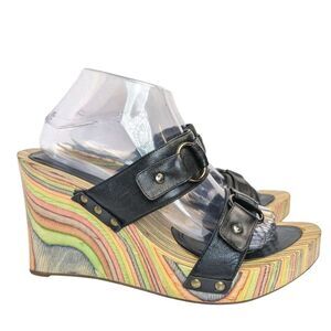 Miz Mooz Rainbow Multicolor Wood Wedge Heel Sandals Womens 40 EU 9 US Vintage